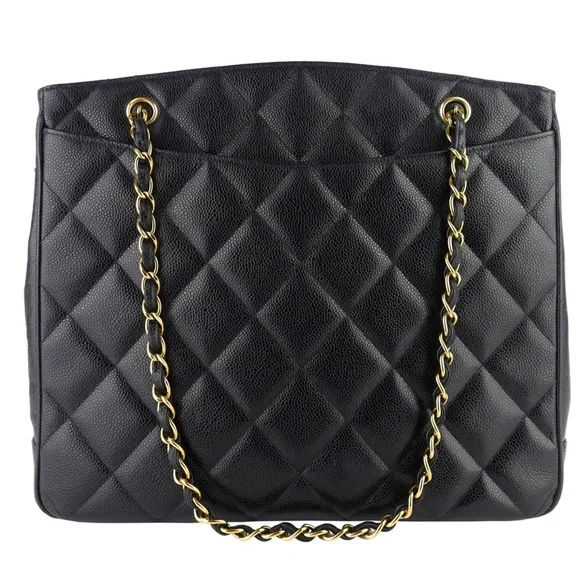 CHANEL CC Turnlock Black Caviar w/ Gold Chain Strap Leather Bag Large Tote Purse - Picture 3 of 9